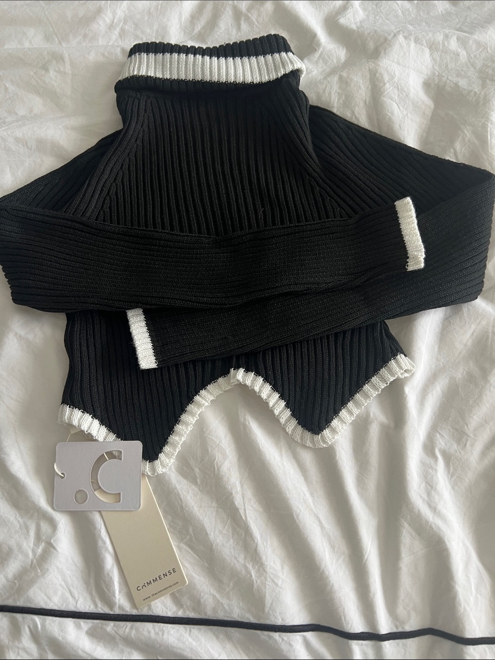 Commense Collective Black Cropped Ribbed Turtleneck Sweater with White Trim